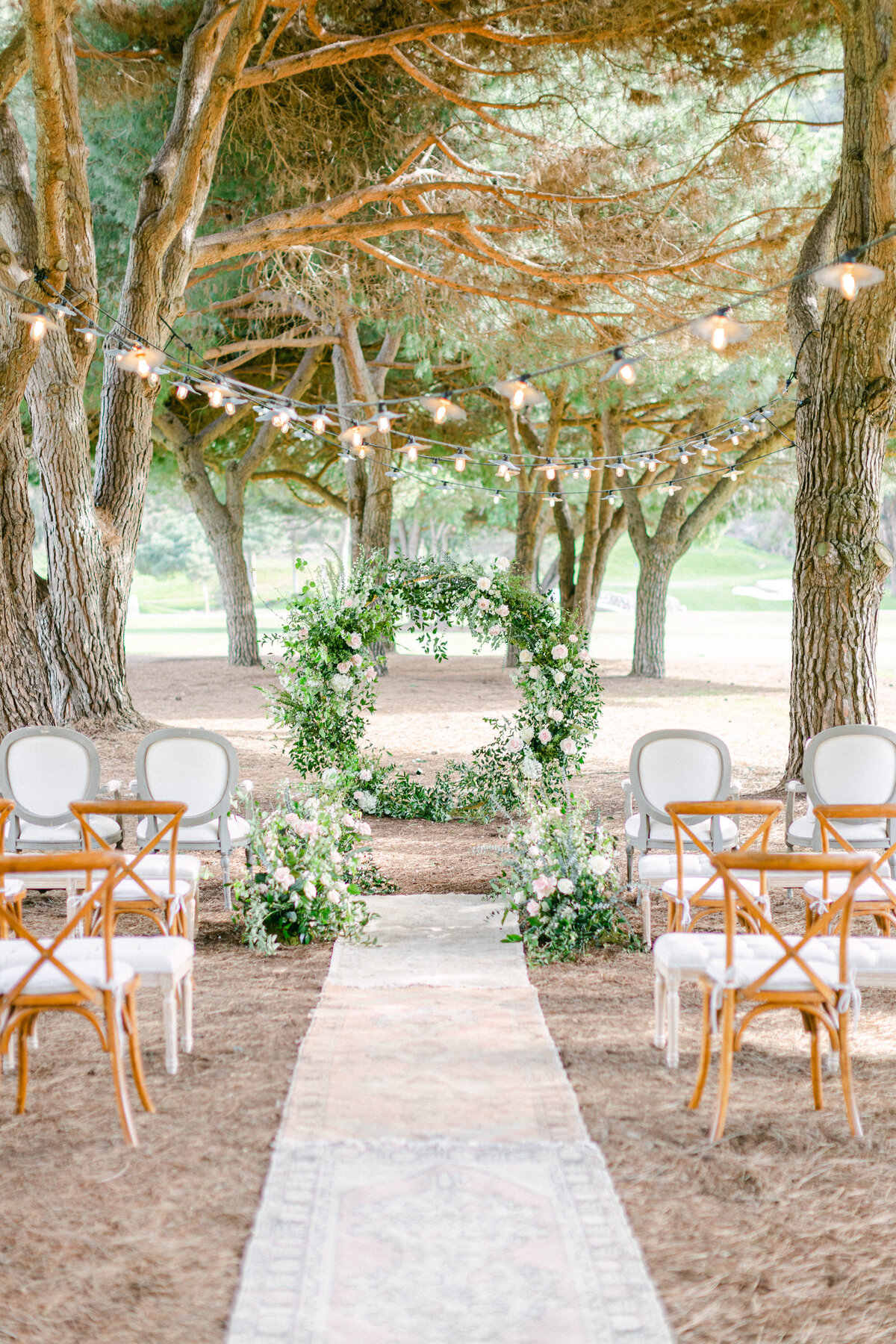 A circle of greenery and roses between the pines, a vintage-rug aisle below