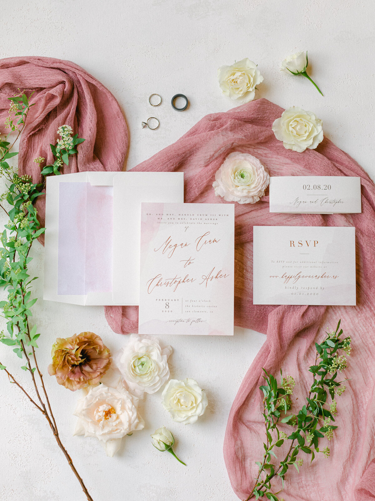 The invitation suite on dusty rose, bound for the Casino San Clemente
