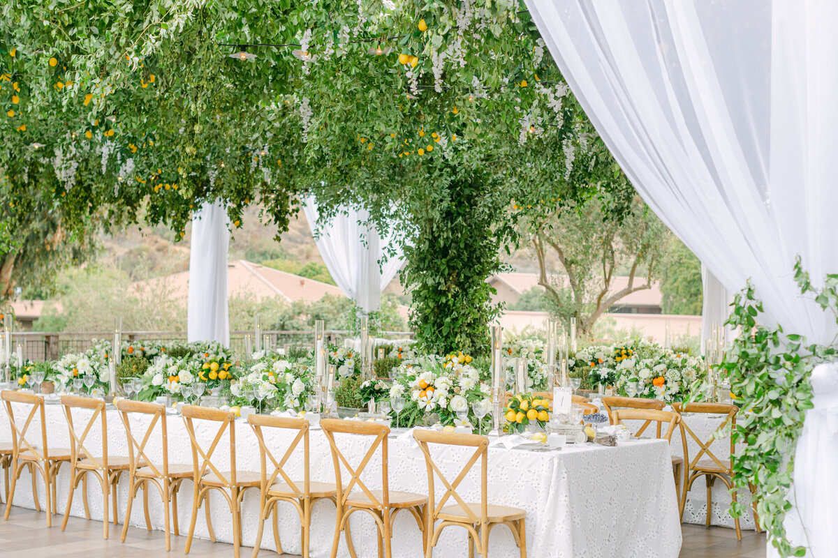 A long table under a ceiling of lemons and wisteria
