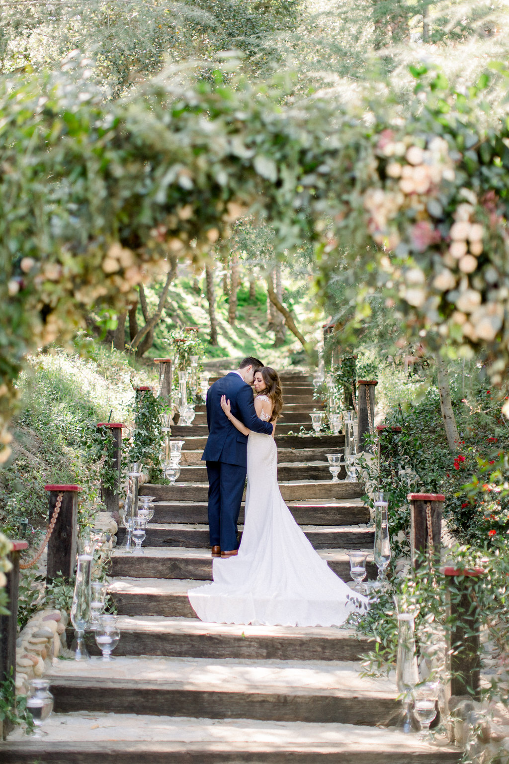 The train of the gown on the tiled steps