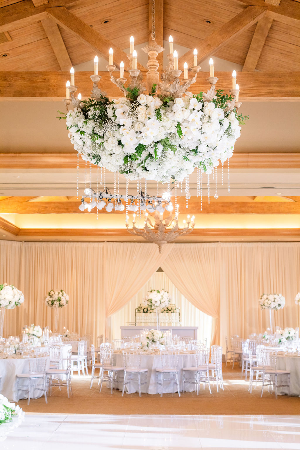 Chandelier and blooms at The Resort at Pelican Hill