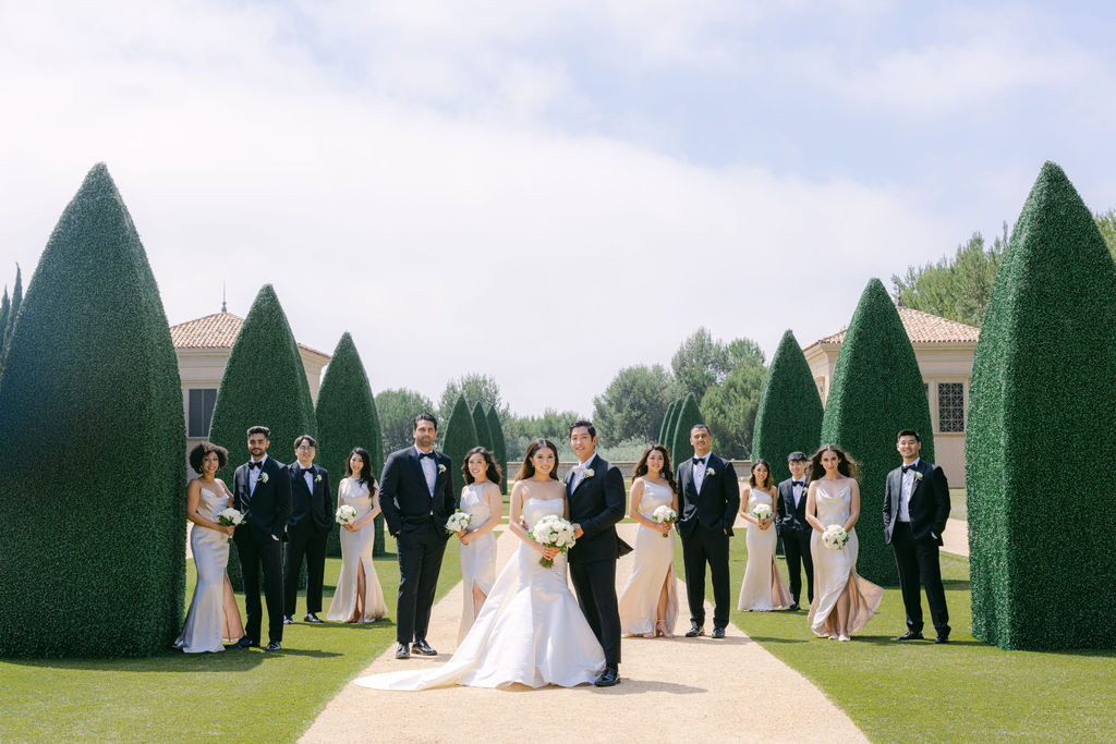 The full party in the garden at The Resort at Pelican Hill