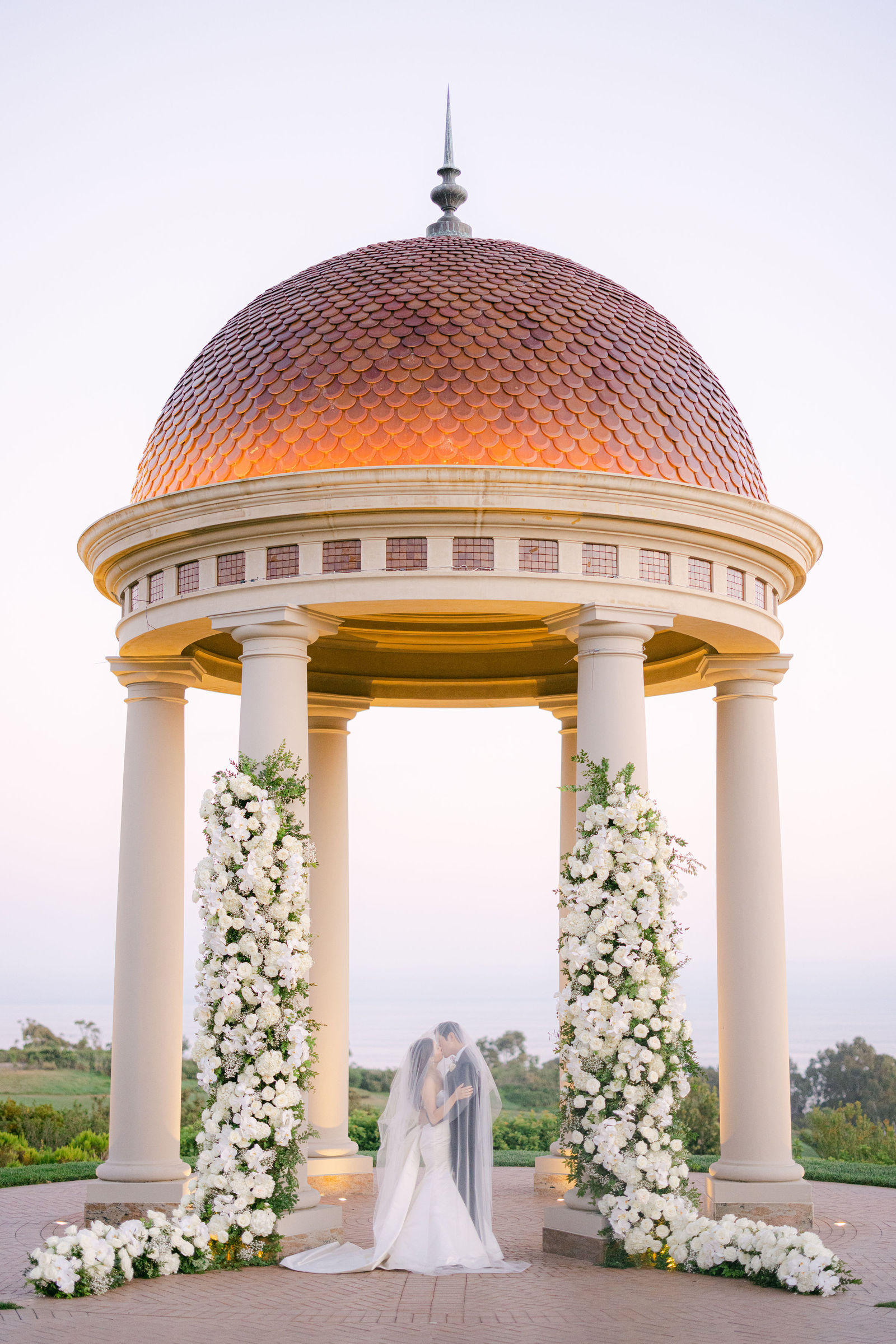 The rotunda glowing at dusk at Pelican Hill