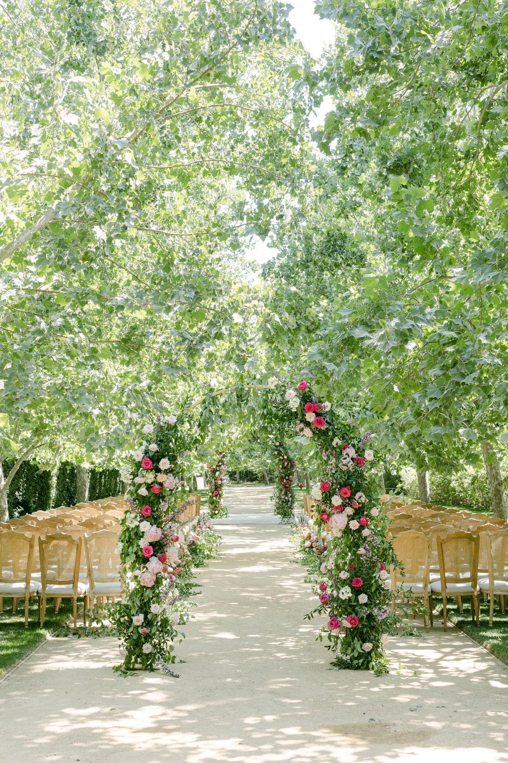 Ceremony in the sycamore allee at Kestrel Park, a floral arch of garden roses