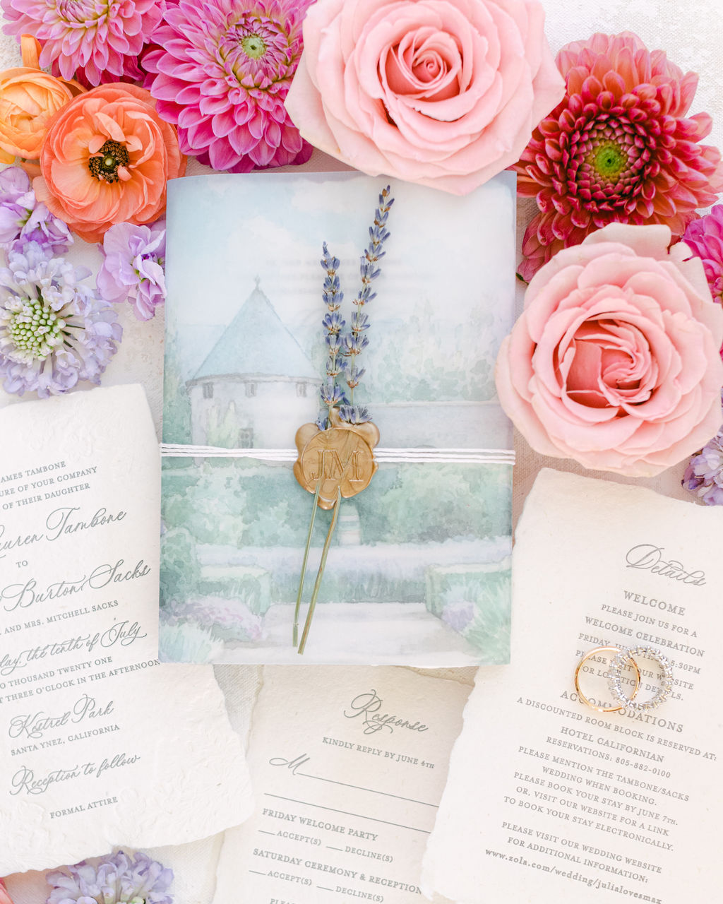 Watercolor invitation of Kestrel Park with pink roses and dahlias