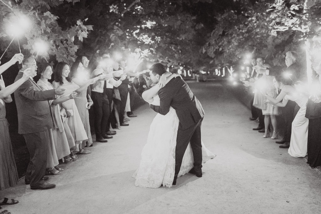 Sparkler exit on the allee at Kestrel Park in black and white