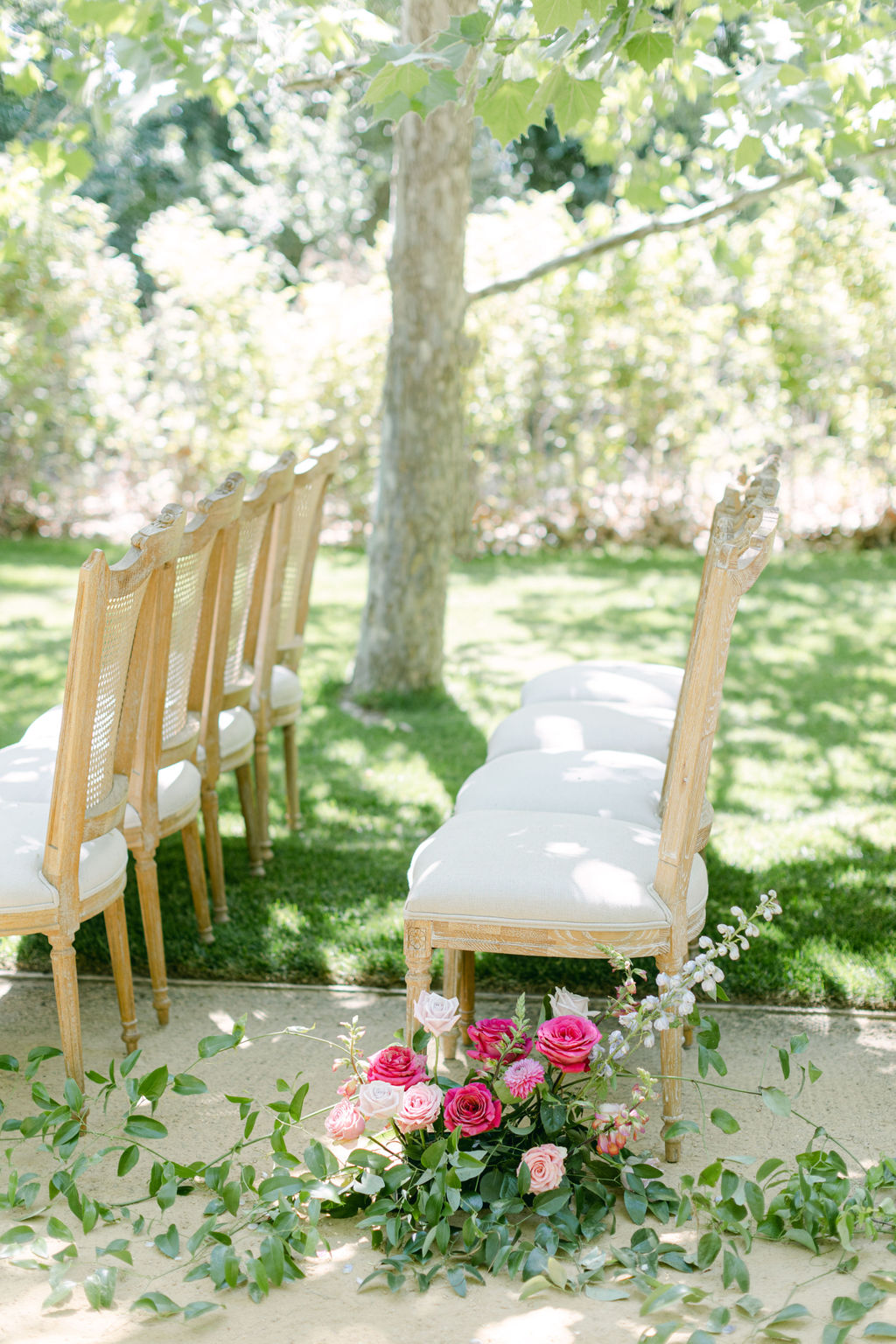 Ceremony chairs and scattered petals in the allee