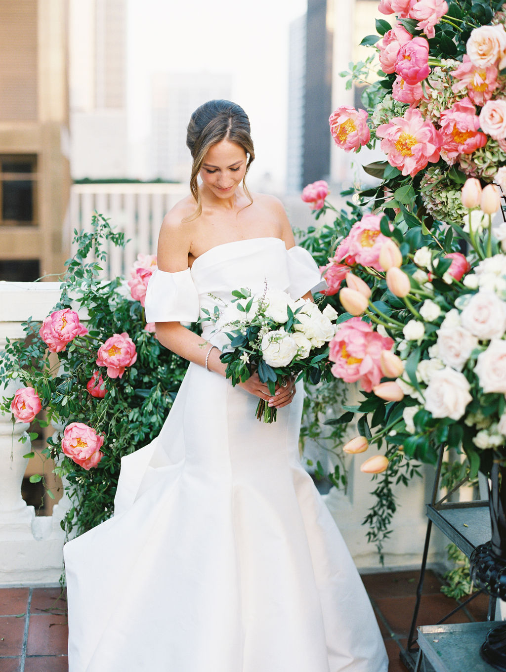 Bridal portrait at the flower wall