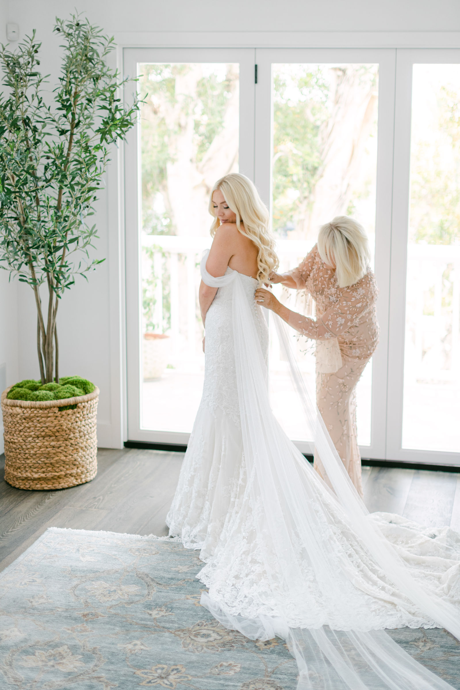 Getting into the gown, the train laid out across the floor