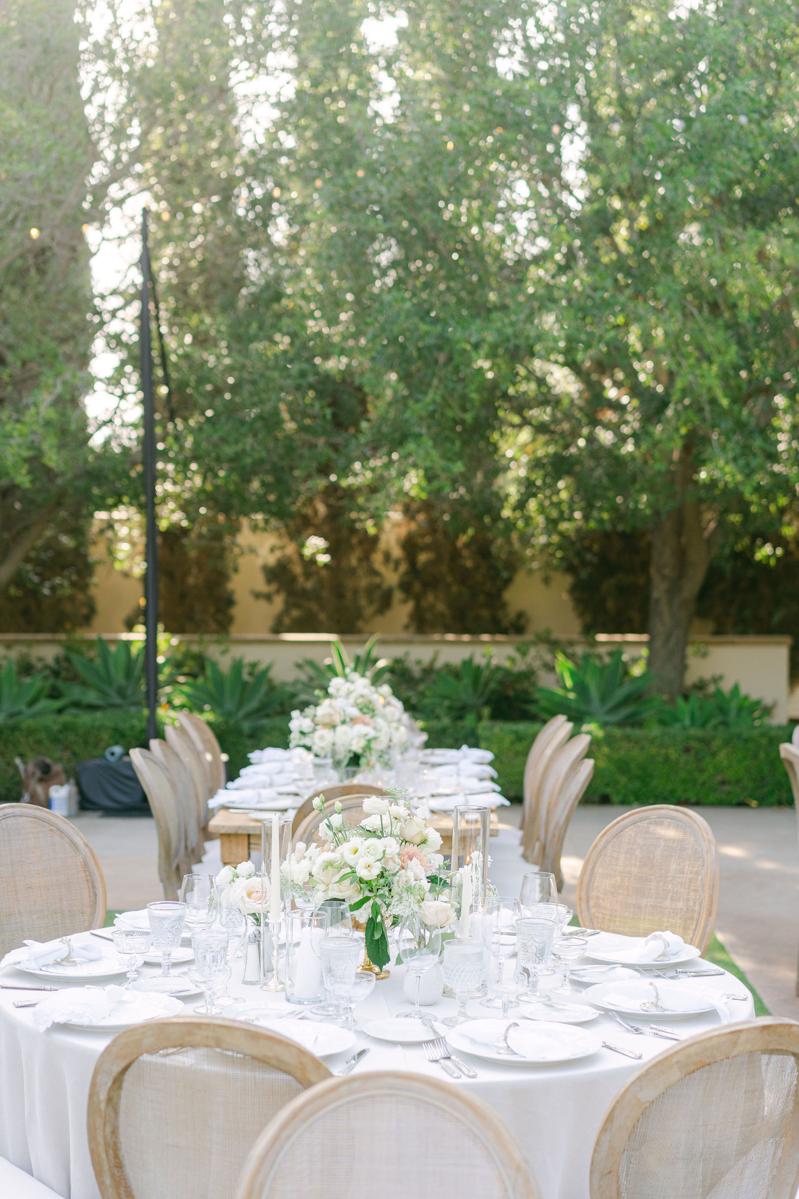 Centerpieces of garden roses and peach dahlias
