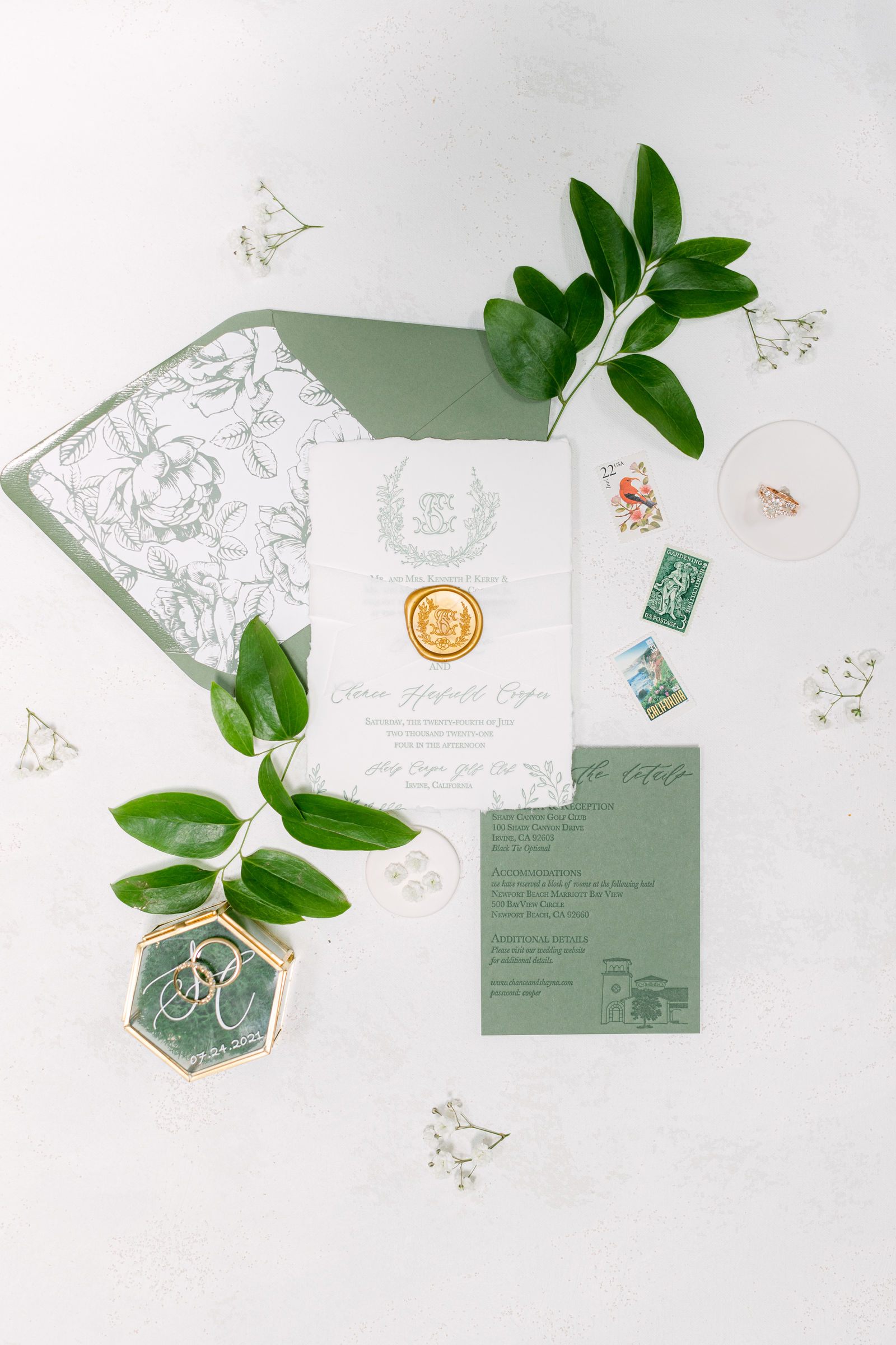 The invitation suite in sage and gold