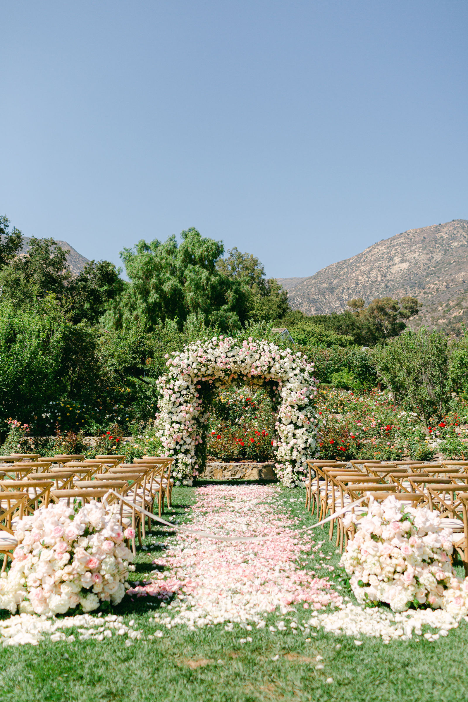 The rose arch down a petal covered aisle