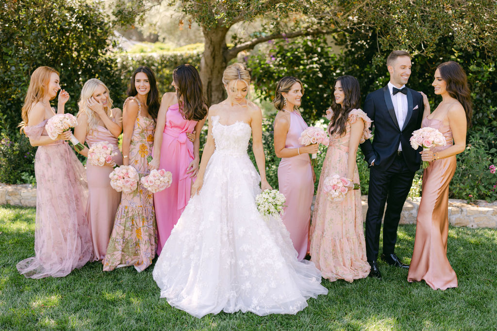 The full bridal party in blush and pink at San Ysidro Ranch
