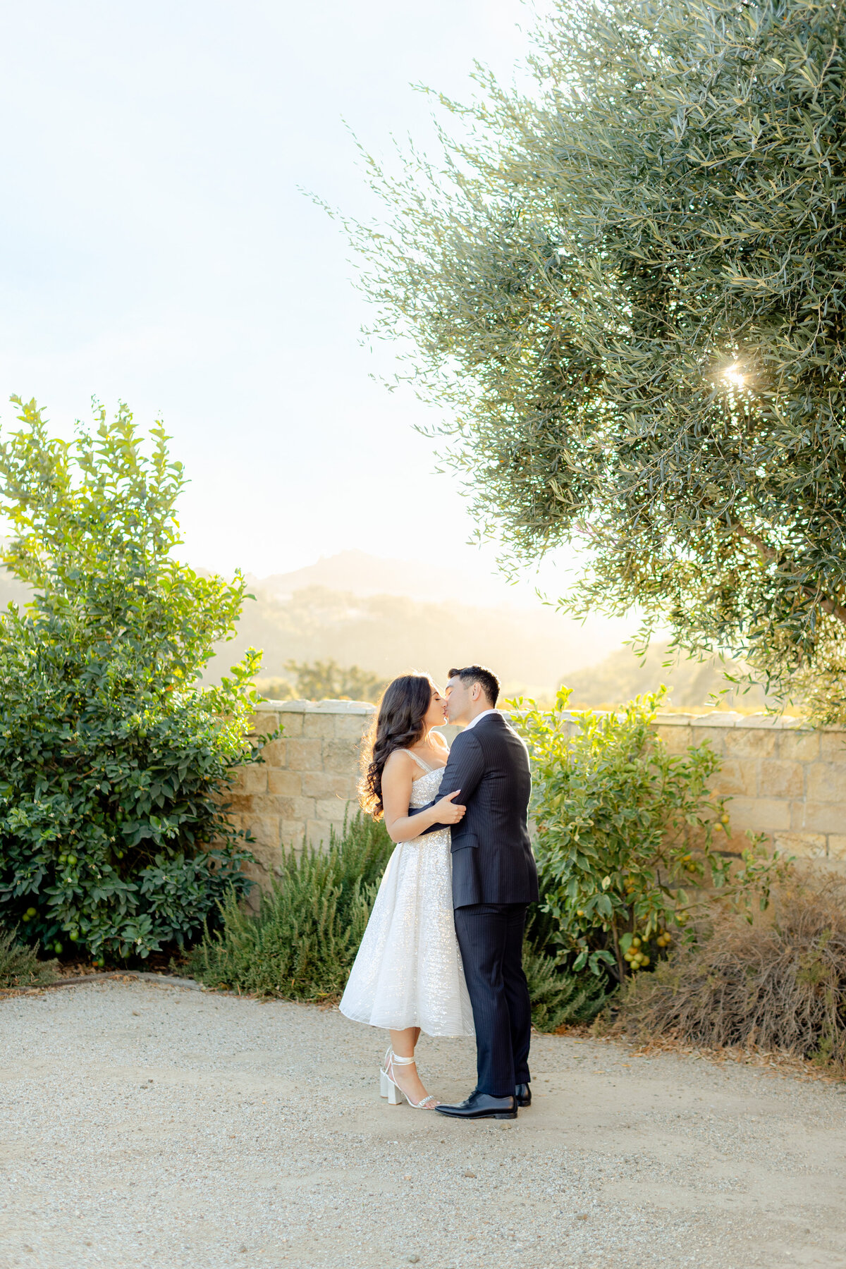 A kiss under the olive tree at the edge of the estate wall